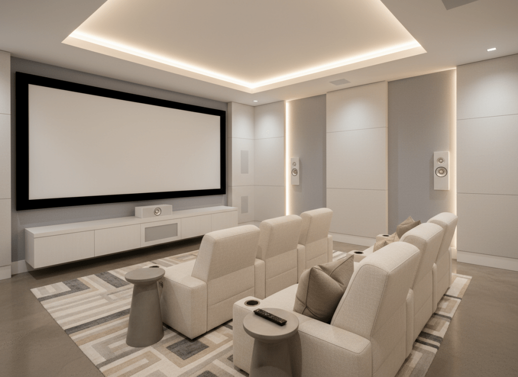Elegant modern home theater room with a large screen, comfortable seating, ambient lighting, clean minimalist design, light neutral tones, high-end residential audio video installation, photorealistic